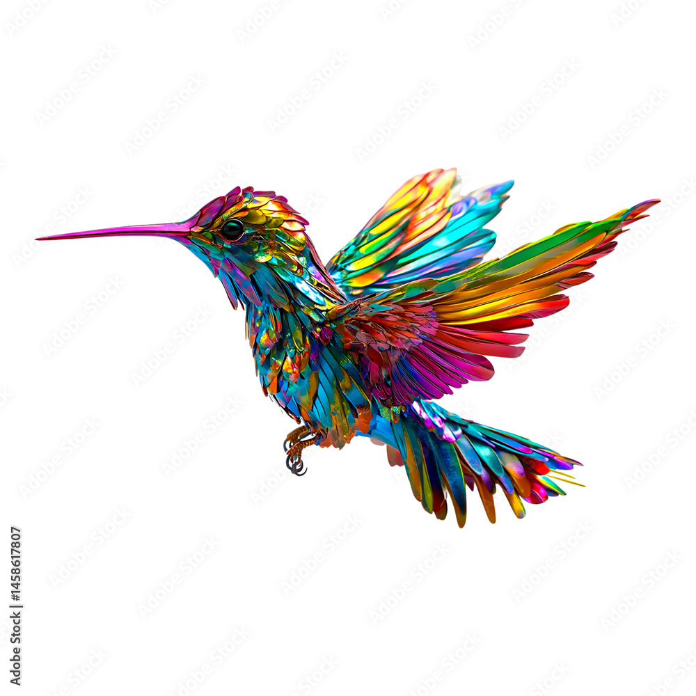 Obraz premium Vibrant Rainbow Hummingbird in Flight against Black Background