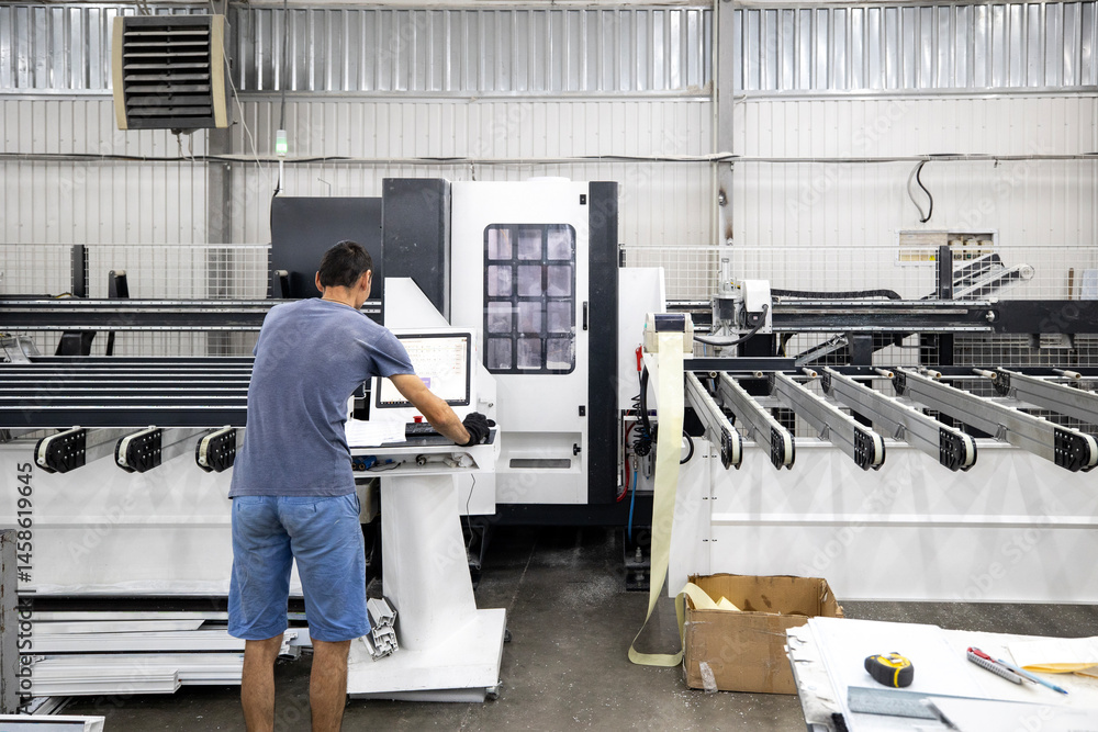 Production area for metal-plastic or PVC windows, commonly known as vinyl windows. A worker operates a machine, cutting linear profiles to precise measurements.