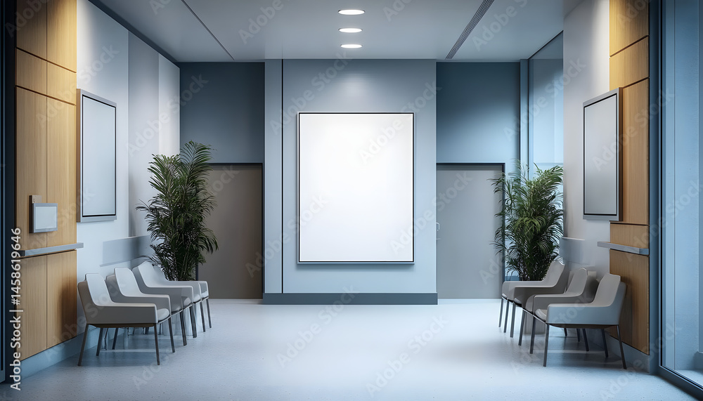 A mockup of an empty white poster on the wall in modern hospital waiting room with comfortable chairs and medical equipment