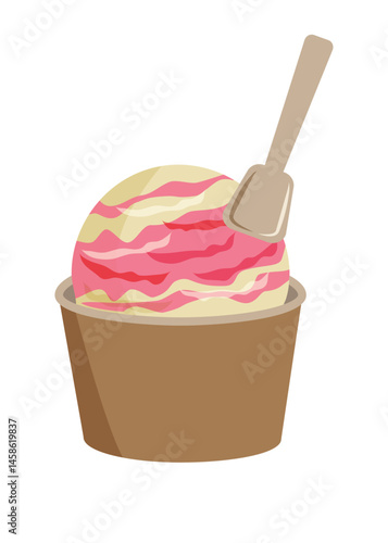 カップに入ったストロベリーとバニラのミックスアイスクリーム　ベクターイラスト