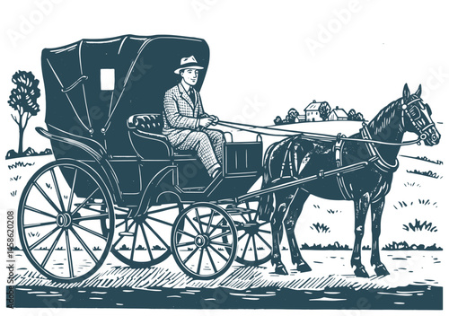 A vintage London cab. Horse-drawn carriage. Vector illustration with black lines isolated on white background in a cartoon and hand drawn style.