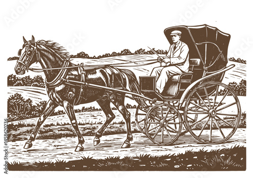 A vintage London cab. Horse-drawn carriage. Vector illustration with black lines isolated on white background in a cartoon and hand drawn style.