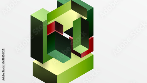 Isometric cube structure. Green, red hues create optical illusion. Complex geometry, nested shapes suggest depth, perspective.