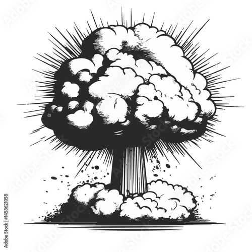 Nuclear Explosion Monochrome Illustration Powerful Atomic Bomb Graphic Design Element