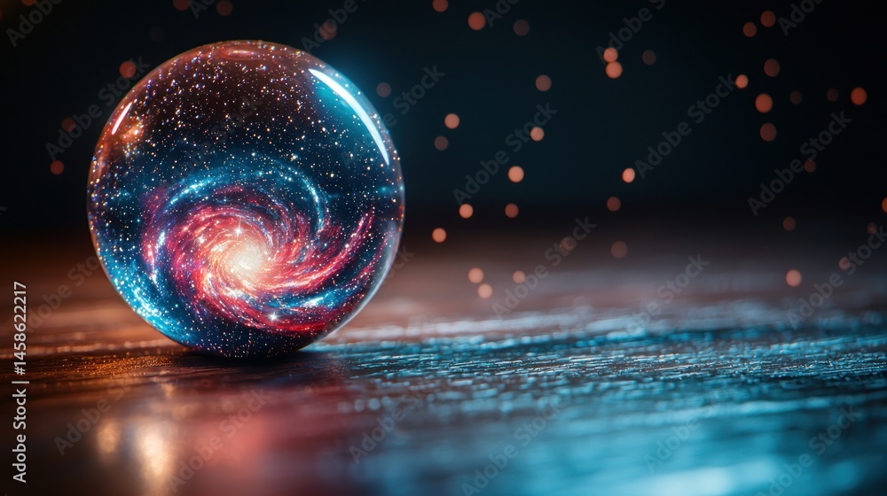 Galaxy swirling in a sphere, on a wood-like surface Galaxy swirling in a sphere, on a wood-like surface