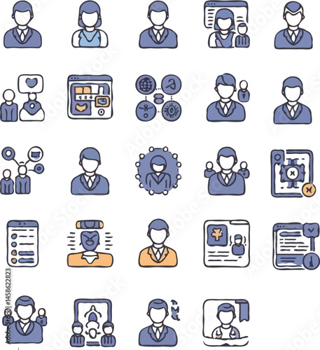 Business process web icons set in thin line design. Pack of inspection, hire, calculation money, coaching, protection, cooperation, success, task, other outline stroke pictograms.