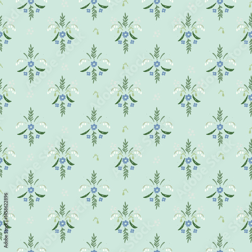 Seamless pattern with hand drawn meadow flowers. Floral Block Prints inspired by printmaking that uses wooden blocks to transfer repeating designs onto textiles.