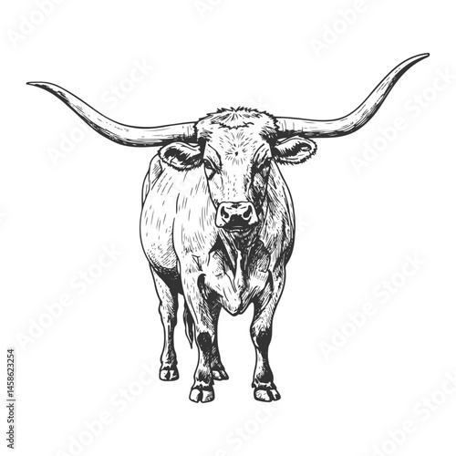 Front View of Standing Texas Longhorn Bull Hand Drawn in Vintage Western Style
