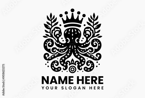 Elegant black and white illustration of an octopus wearing a crown, surrounded by decorative leaves and a flower in a symmetrical design. Marine animal concept