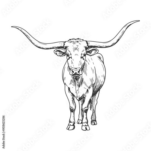 Front Facing Texas Longhorn Bull with Wide Horns in Vintage Farm Sketch Style
