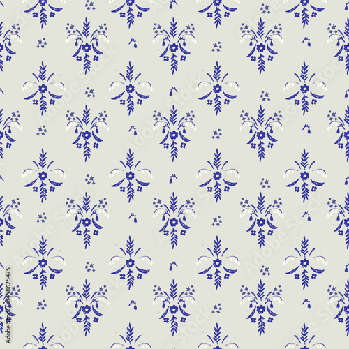 Seamless pattern with hand drawn meadow flowers. Floral Block Prints inspired by printmaking that uses wooden blocks to transfer repeating designs onto textiles.