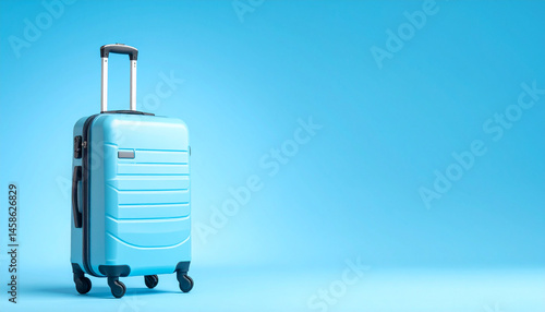 Light blue suitcase with wheels on blue background