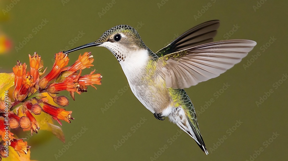 Fototapeta premium Hummingbird in flight, feeding on vibrant orange flowers