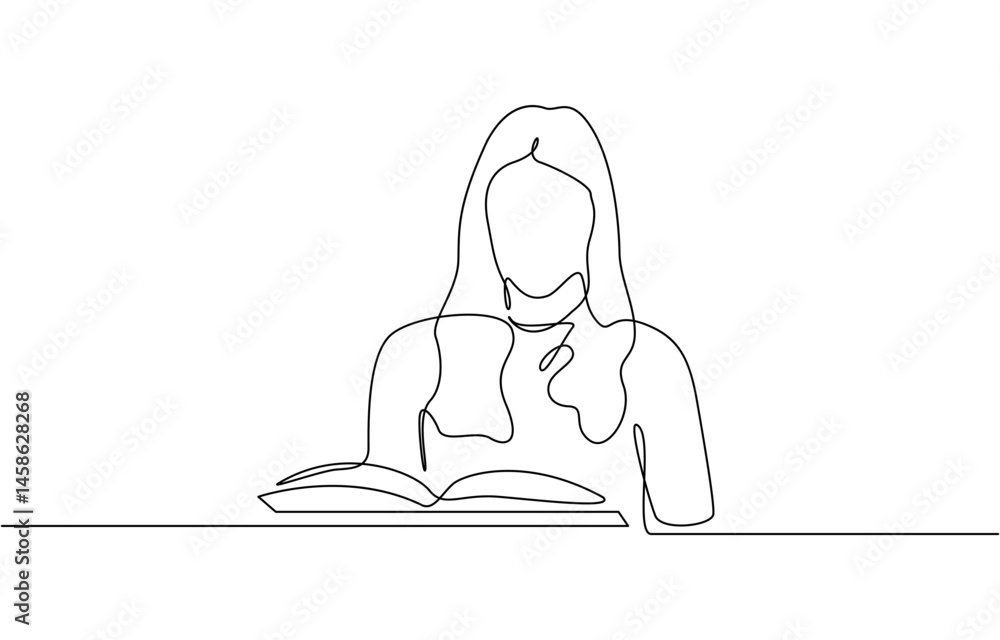 Woman reading or studying single line drawing style, One continuous line drawing of people with reading activity illustration reading design in simple design. Woman reading or studying single line drawing style, One continuous line drawing of people with reading activity illustration reading design in simple design.