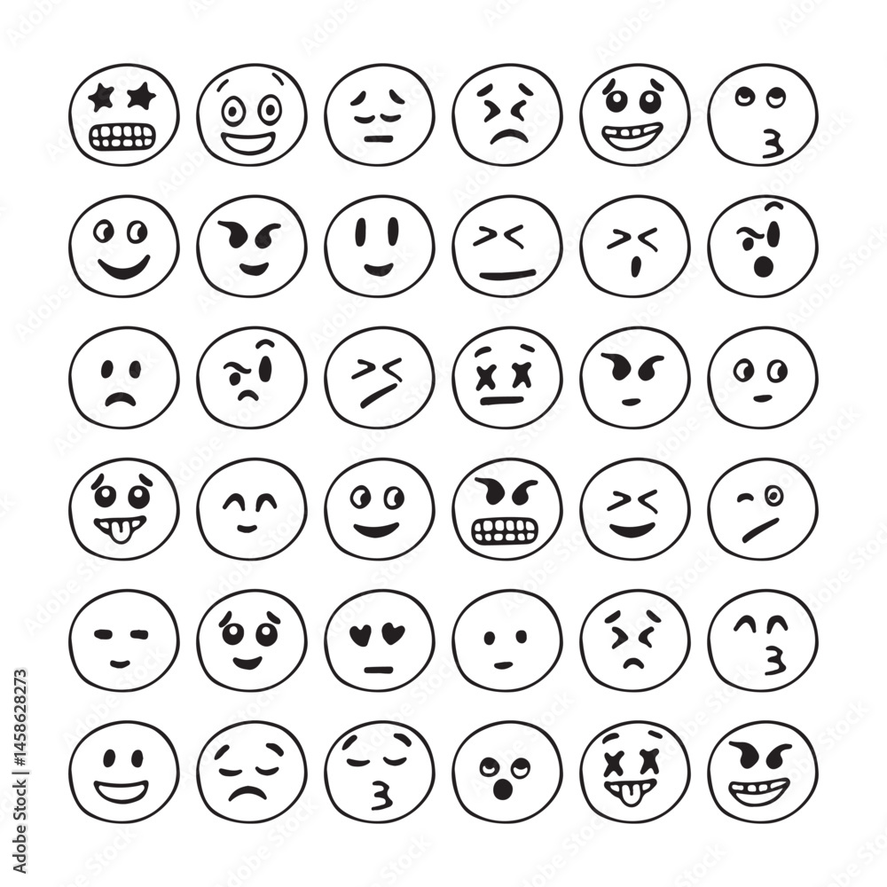 Cute face drawing doodle character retro. Black and white animated face. Facial expression, character. Face sticker. Doodle. Hand drawn. Vector illustration. Cute face drawing doodle character retro. Black and white animated face. Facial expression, character. Face sticker. Doodle. Hand drawn. Vector illustration.