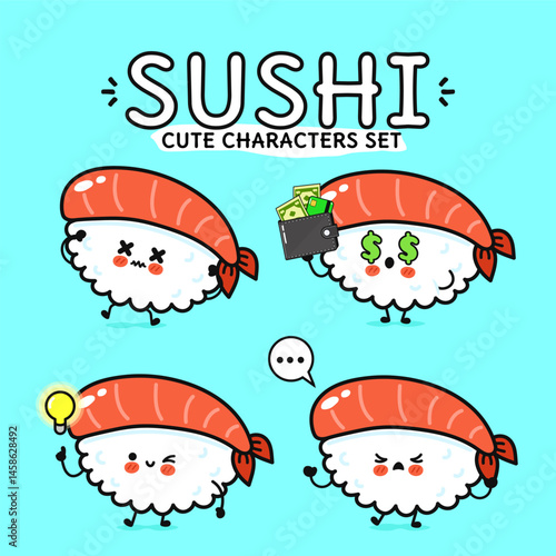 Delightful cartoon sushi characters express a range of emotions, perfect for fun designs and food themes.