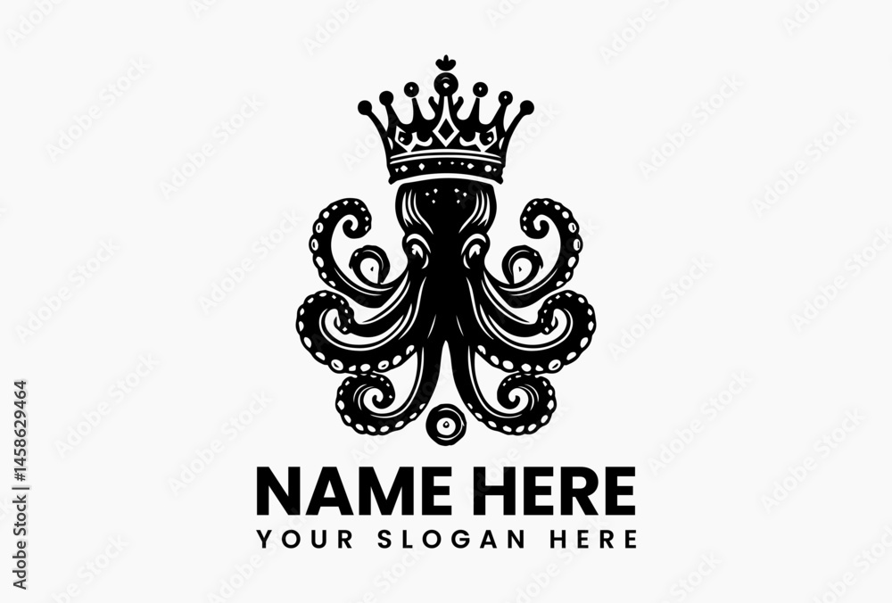 Fototapeta premium Cartoon octopus with crown surrounded by floral and leafy elements in symmetrical black and white vector design, symbolizing marine royalty and underwater charm 