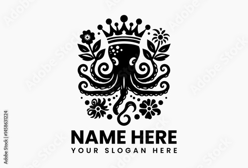 Vintage black and white octopus illustration with regal crown, floral accents, and symmetrical leafy frame, representing oceanic elegance and timeless marine symbolism  