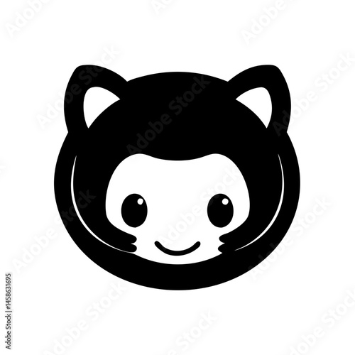 Black and white stylized mascot of a catlike creature with a smile