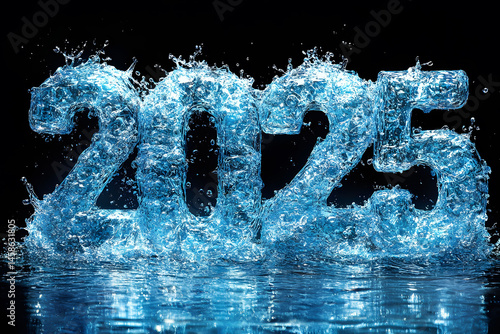 Refreshing Water Splashing 2025 - New Year Concept Design for Posters and Cards