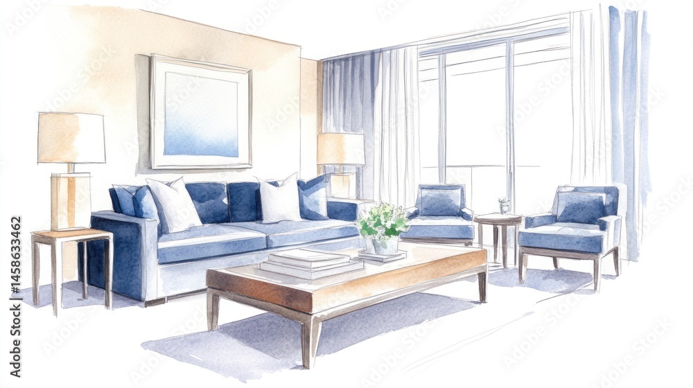 Fototapeta premium Serene Living Room Watercolor Design: Modern Comfort and Coastal Elegance