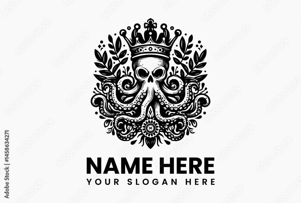 Fototapeta premium Minimalist line-art octopus wearing a crown surrounded by leaves and flower in symmetrical black and white vector logo design, evoking elegance, power, and marine mystique 