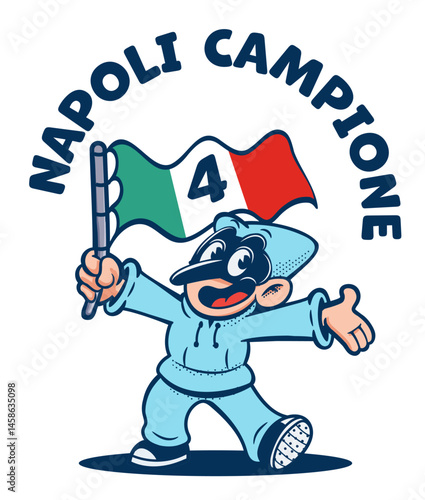 pulcinella cartoon mascot retro napoli with italian flag cheerful fan