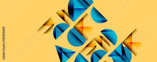Abstract geometric shapes overlap, creating dynamic visual texture. Warm yellow background contrasts cool blue tones. Modern design element.