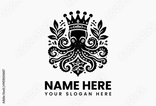 Ornate octopus with jeweled crown and symmetrical seaweed scrollwork, heraldic vector emblem for luxury seafood brands