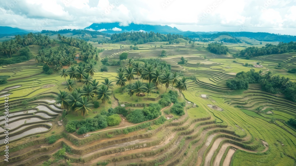 Fototapeta premium Lush green rice terraces cascade down a hillside, dotted with palm trees under a partly cloudy sky, creating a breathtaking landscape.