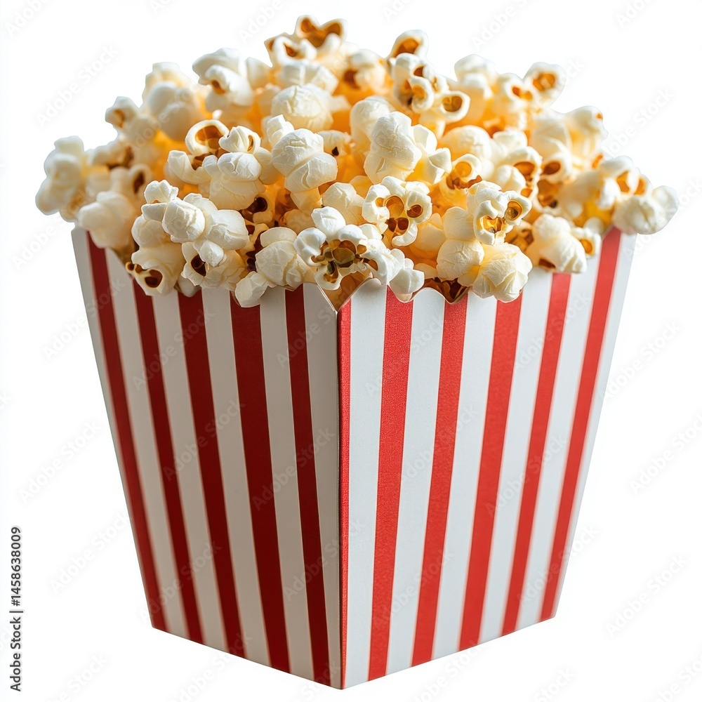 Full Container of Buttery Popcorn in Red and White Striped Box Full Container of Buttery Popcorn in Red and White Striped Box