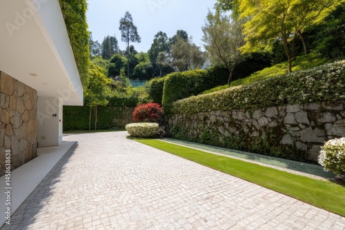 Modern driveway lined with paving stones, flanked by lush gardens and stone walls