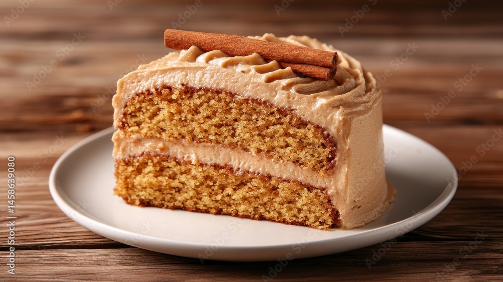 Slice of Snickerdoodle Spice Cake with Cinnamon Frosting on White Plate, Warm Rustic Background Slice of Snickerdoodle Spice Cake with Cinnamon Frosting on White Plate, Warm Rustic Background