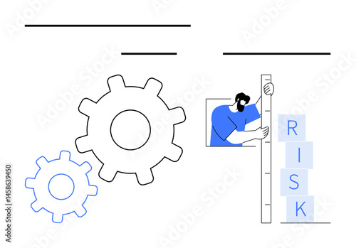 Person measuring stacked blocks labeled risk beside large gears symbolizing workflow and systems. Ideal for risk management, strategy, process optimization, teamwork, innovation, planning, simple