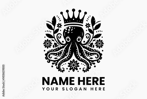 Flowing octopus crowned with lotus and lily pads, elegant vector logo for spa and ocean conservation groups 