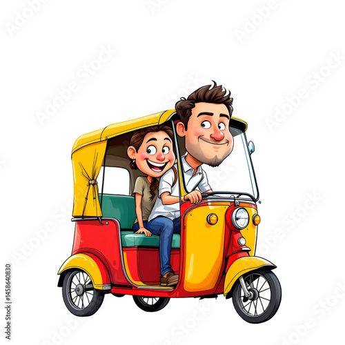 Cartoon couple riding in a tuk tuk auto rickshaw vehicle for travel and transportation illustration design isolated white background