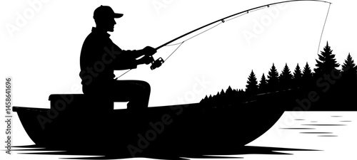 silhouette of a fisherman fishing on a boat vector art illustration isolated on transparent background.
