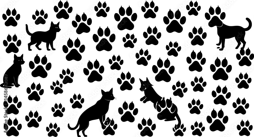 Obraz premium Cat and dog animals paw print silhouettes vector illustration
