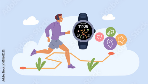 Smartwatch athlete does sport. Healthy lifestyle, marathon runner follows route and pulse, screen with app, tracker and jogging map, cartoon banner garish vector fitness gadget concept