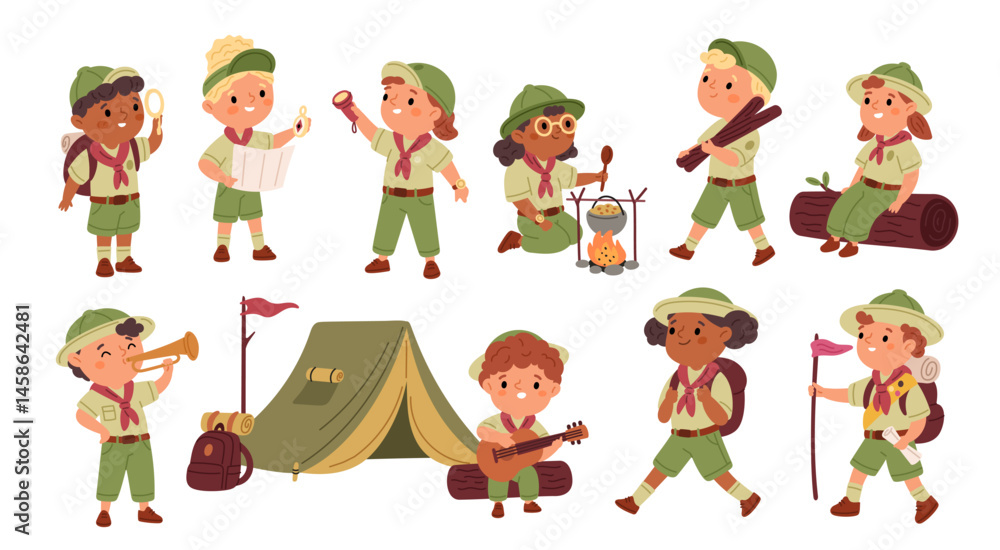 Fototapeta premium Little scouts. Cute kids in uniform and hats adventure, children learning to survive in nature, boys, girls in camping conditions, cartoon flat isolated tourists characters garish vector set