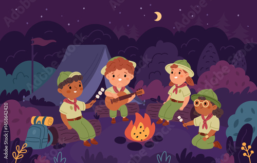 Little scouts at night camp. Cute children around campfire, roasting marshmallows, guitar songs, romance in nature, tent on background, kids vacation, cartoon flat isolated garish vector concept