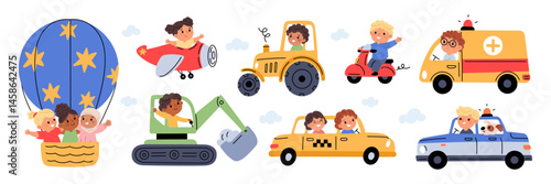 Happy cute kids in transport. Little boys and girls drive cars, fly airplanes and balloons, children play with transport, funny characters in air balloon cartoon isolated garish vector set