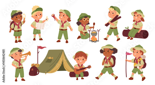 Little scouts. Cute kids in uniform and hats adventure, children learning to survive in nature, boys, girls in camping conditions, cartoon flat isolated tourists characters garish vector set