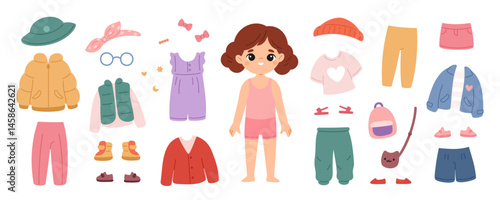 Girly clothes. Cartoon funny child with different summer and demi season wears, autumn jacket, vest, trousers and handbag, hat and shoes, trendy accessories garish vector isolated set