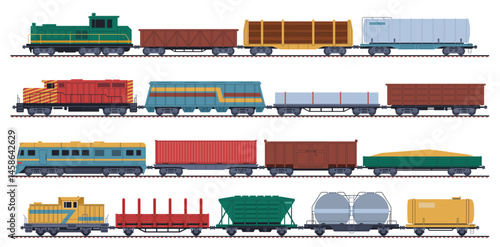 Goods trains. Wagons, containers and tanks, railway freight transportation, locomotives with wagon, freight and cisterns, cargo service for oil, sand and wood, flat nowaday vector set
