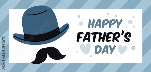Father day poster. Bowler hat with moustache, greeting card, happy male holiday, fatherhood and parenthood banner template, hand drawn font, minimal design. Garish cartoon vector concept