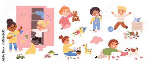 Children destroying room. Little kids play in active games, spoiling home, naughty boys and girls break toys and furniture, making mess, bad behavior, cartoon flat isolated garish vector set