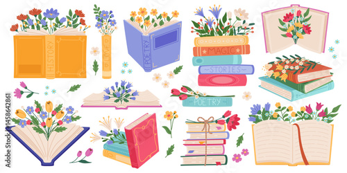 Blooming books. Flowers in printed publications, beautiful literary works, poetry, romance novels, romantic spring mood, education symbol, cartoon flat style isolated recent vector set