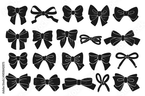 Black gift bows icons. Decorative elements of present packages, holiday and events, satin ribbons for hair and braids, hair accessory, bowtie isolated decorative objects, splendid vector set