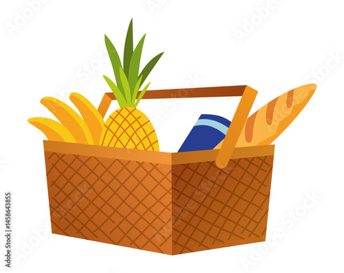 Necessary element of picnic in city park, ready-to-eat food and drinks in wicker basket. Cartoon vector illustration in flat style